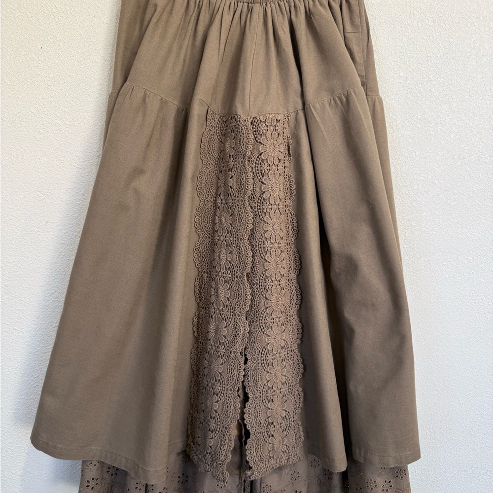 Boho Cottagecore Lace Panel Midi Skirt | Taupe Tiered Prairie Skirt size medium - Picture 4 of 7